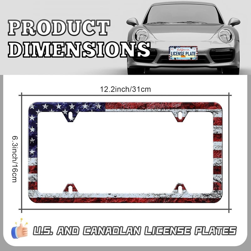 LIN KANG American Flag License Plate Frame - 2 Pack Vintage Patriotic USA Flag Aluminum Metal License Plate Holder Covers, Rust-Proof Waterproof Car Decorative Tag Frames for Standard US 12x6 Inch - Image 2